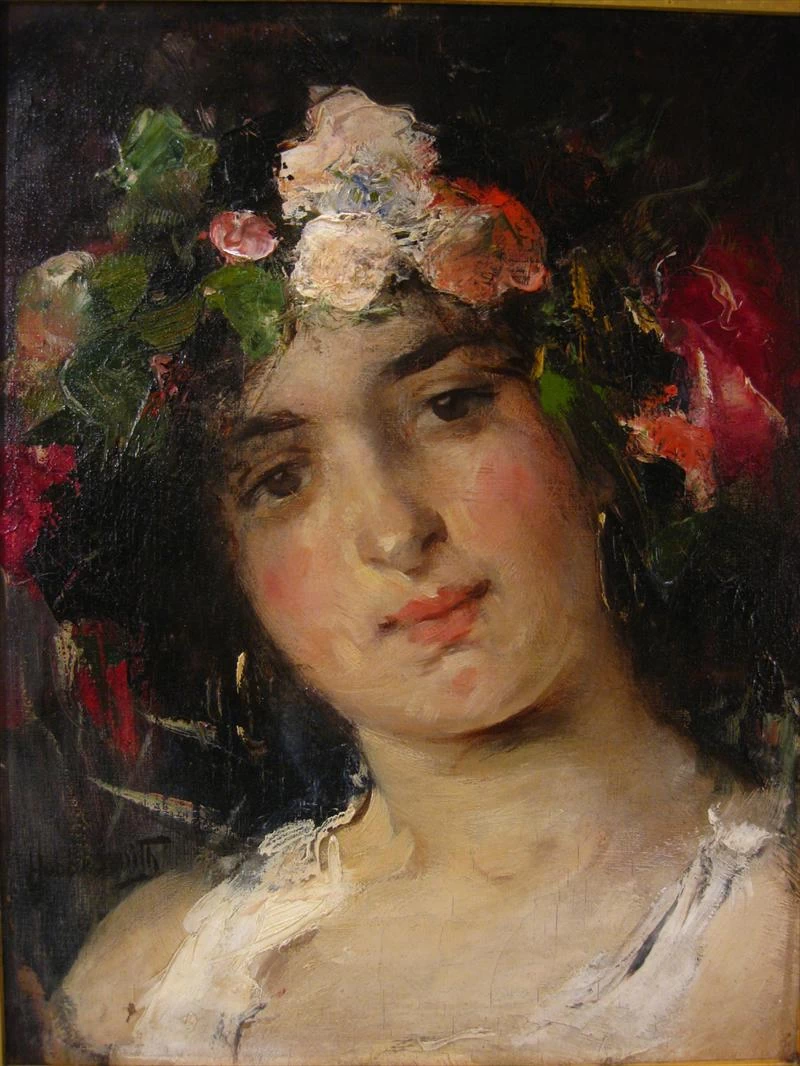 Ritratto di una bellezza con una corona di fiori